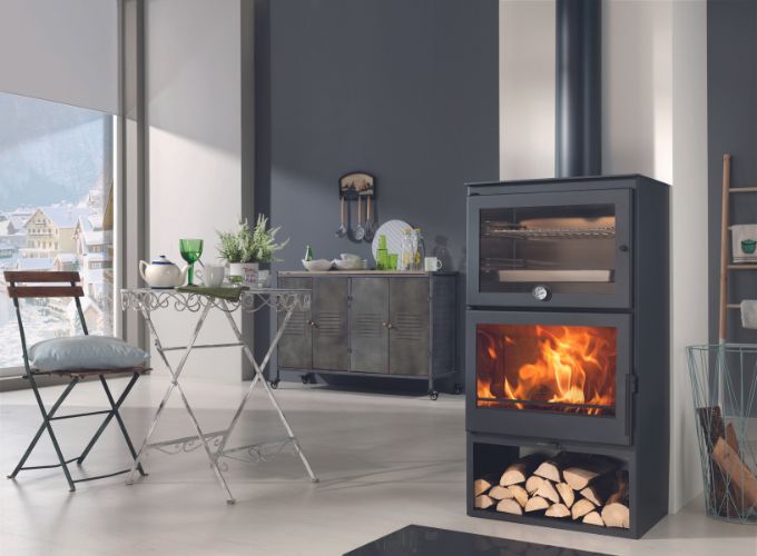 Living room with stove and wood stove for cooking 