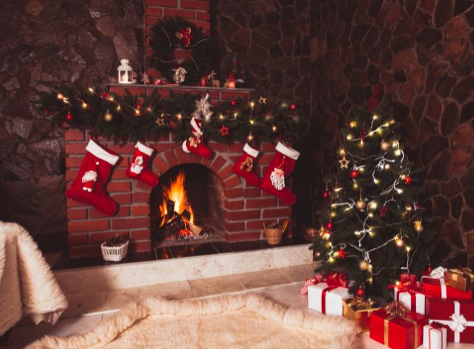 Decorare il camino con le calze di Natale