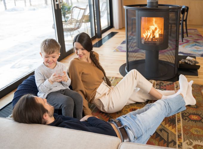 Family bonding moments in front of the woodstove